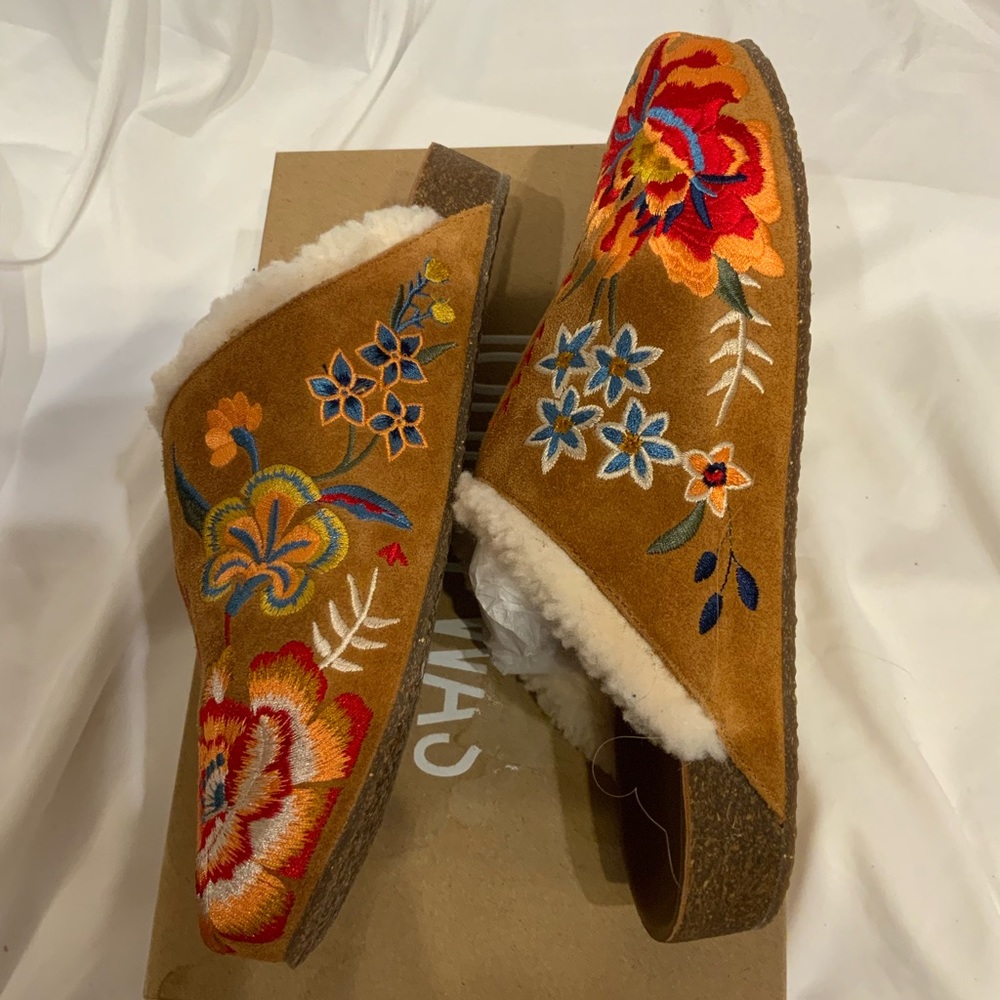 Johnny Was Taline Suede Mule Sherpa Lined Brown Embroidered NEW 7